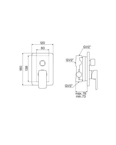 Mitigeur douche encastré 2 sorties Life Cifial, dimensions détaillées, design élégant et compact.