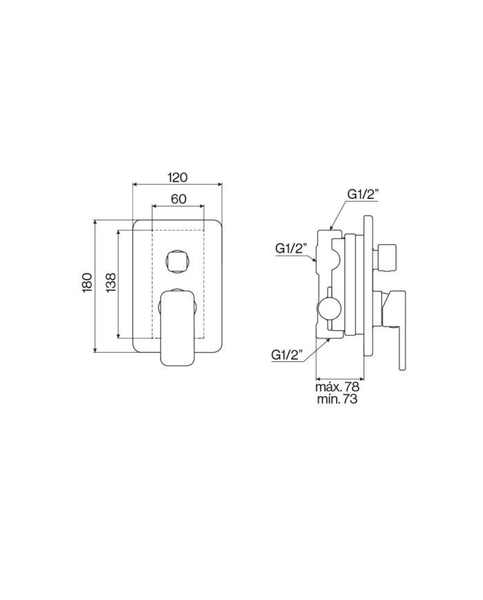 Mitigeur douche encastré 2 sorties Life Cifial, dimensions détaillées, design élégant et compact.