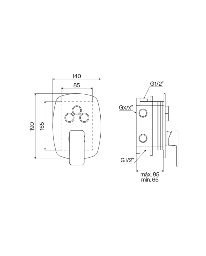 Mitigeur douche encastré 3 sorties Life Cifial, schéma technique et dimensions détaillées.