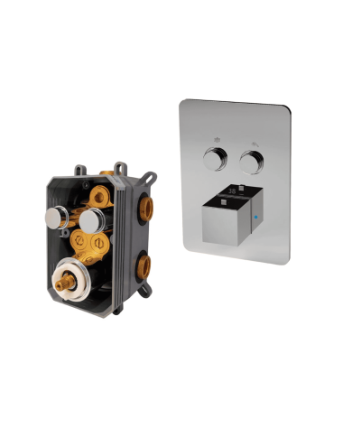 Mitigeur thermostatique encastré Life Cifial en chrome, design moderne avec commandes circulaires et interface digitale.