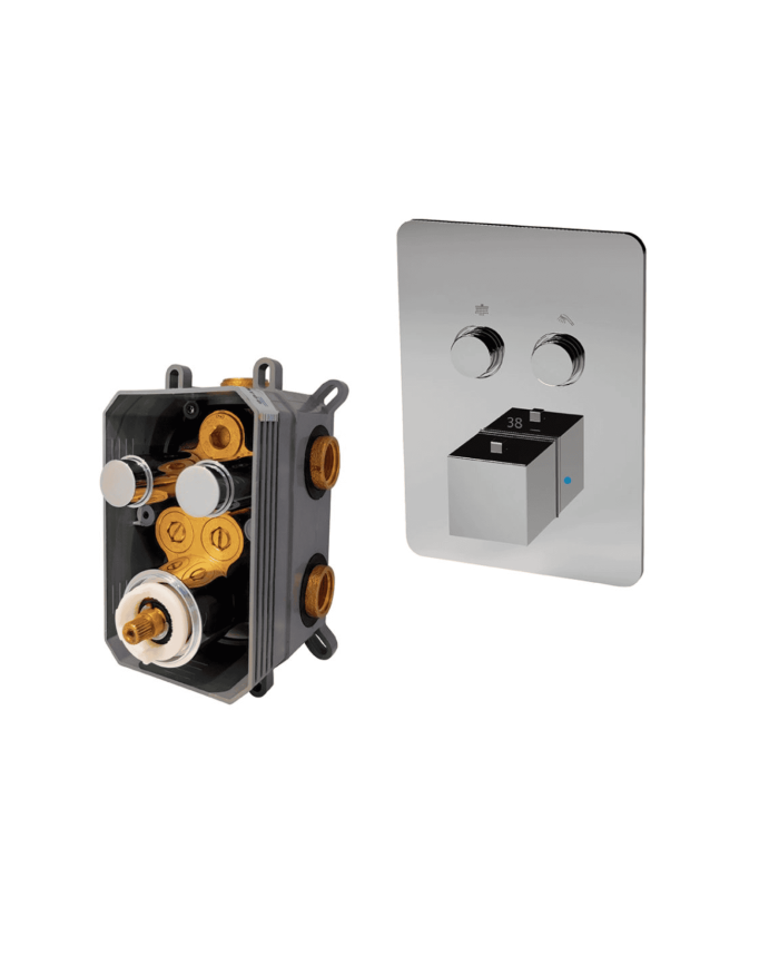 Mitigeur thermostatique encastré Life Cifial en chrome, design moderne avec commandes circulaires et interface digitale.