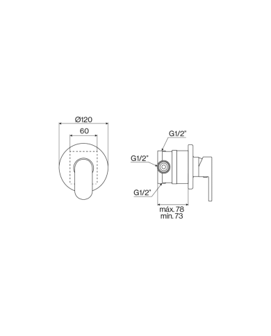 Mitigeur douche encastré rond Cifial Easy, façade chromée, design minimaliste, dimensions précises.