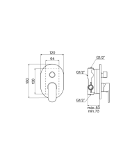 Mitigeur douche encastré Cifial Easy, chromé, 2 sorties, design élégant, dimensions détaillées