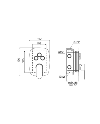 Mitigeur douche encastré 3 sorties Easy - Cifial, dimensions détaillées, vue technique en noir et blanc.