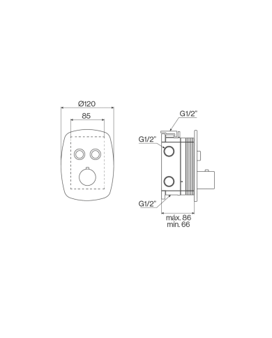 Mitigeur thermostatique encastré Easy Cifial, schéma technique, dimensions et raccordements visibles.
