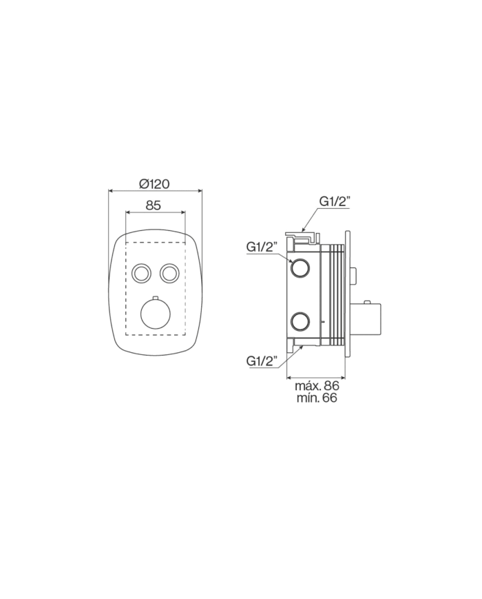 Mitigeur thermostatique encastré Easy Cifial, schéma technique, dimensions et raccordements visibles.