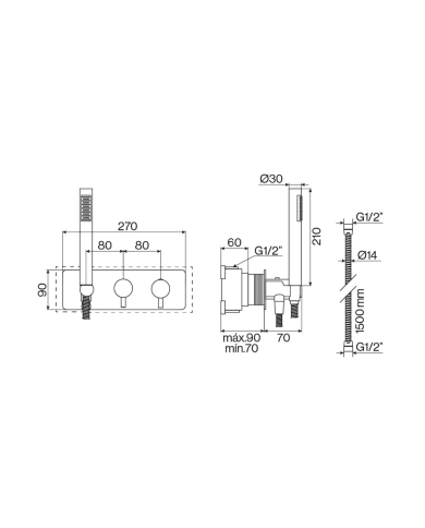 Mitigeur douche thermostatique 2 sorties Easy de Cifial, design chromé, dimensions précises.