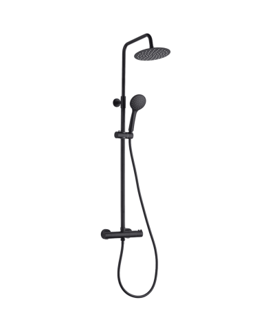 Colonne de douche thermostatique Easy Cifial en noir avec pommeau rond et douchette réglable.