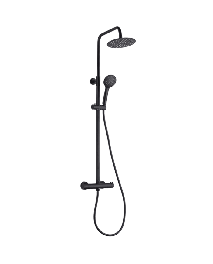 Colonne de douche thermostatique Easy Cifial en noir avec pommeau rond et douchette réglable.