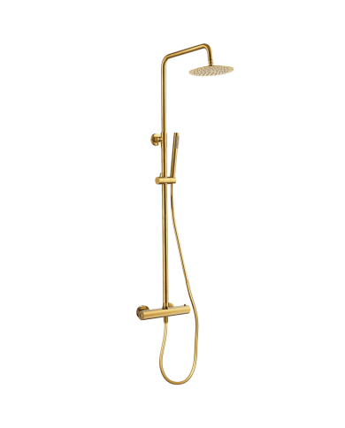 Colonne de douche thermostatique Easy par Cifial en finition dorée avec pommeau rond et douchette.