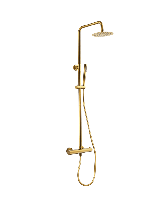 Colonne de douche thermostatique Easy par Cifial en finition dorée avec pommeau rond et douchette.