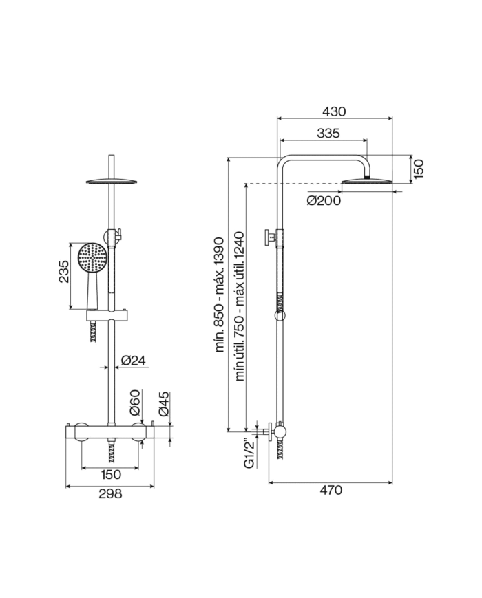 Colonne de douche thermostatique Easy par Cifial en finition chromée avec douchette et pommeau de douche de pluie.
