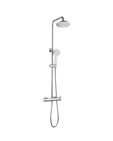Colonne de douche Easy Cifial en chrome avec pommeau rond, douchette et mitigeur thermostatique.