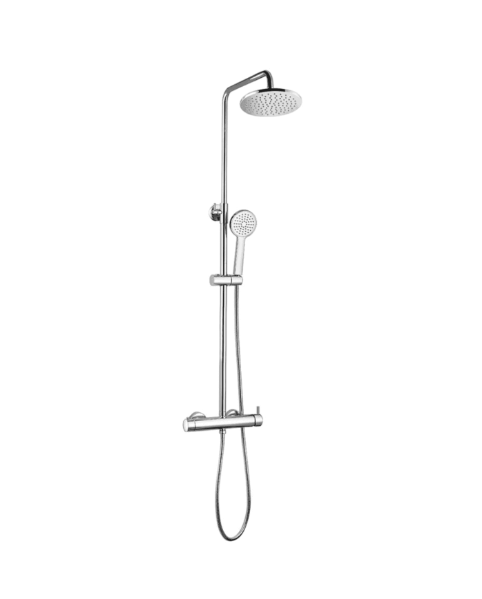 Colonne de douche Easy Cifial en chrome avec pommeau rond, douchette et mitigeur thermostatique.