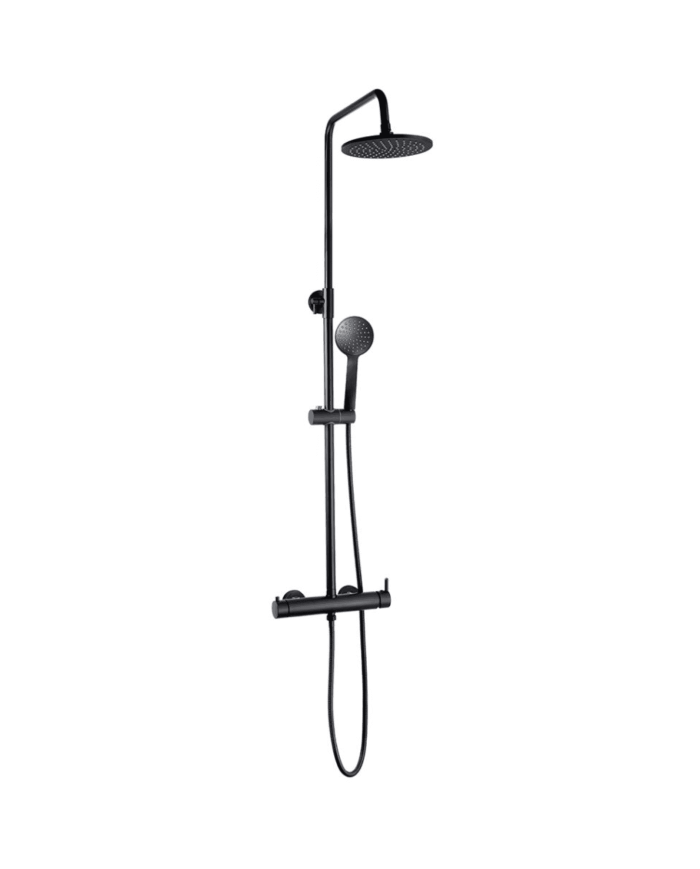 Colonne de douche noire Easy Cifial avec pommeau rond et mitigeur thermostatique.