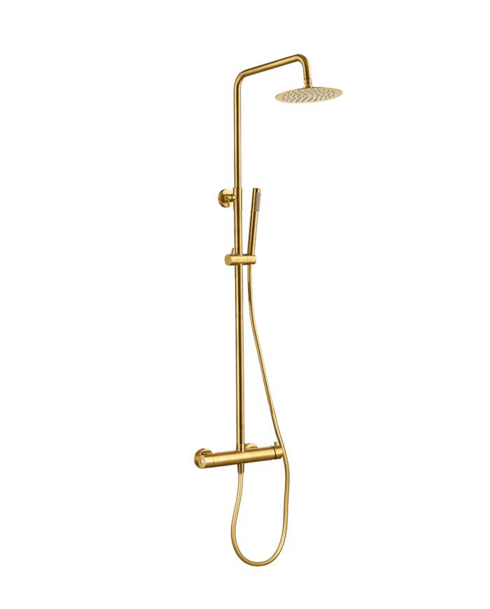 Colonne de douche Easy Cifial en finition dorée avec douchette réglable et pommeau rond.