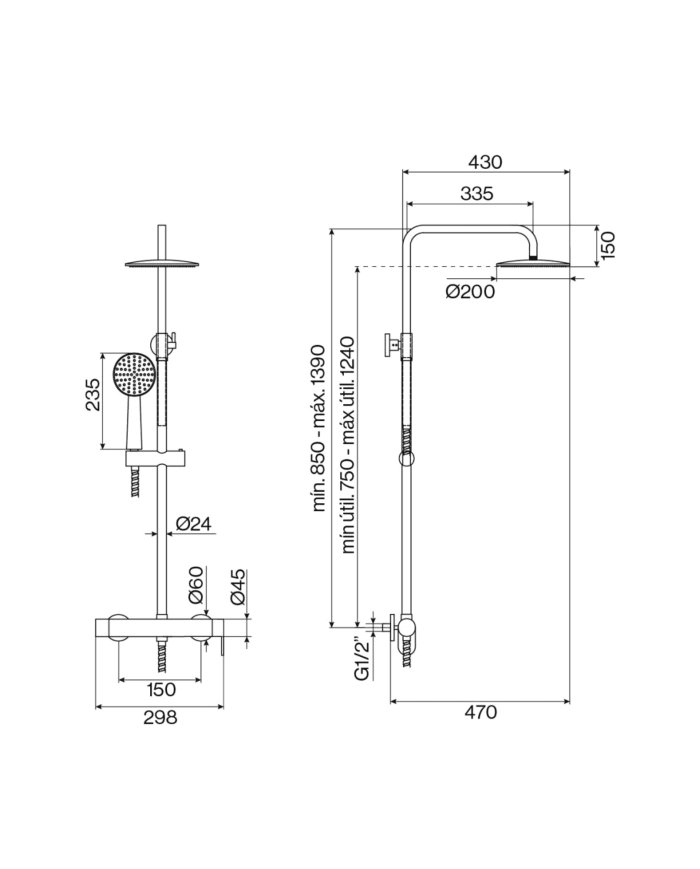 Colonne de douche Easy Cifial en métal chromé, avec dimensions et schéma technique détaillé.