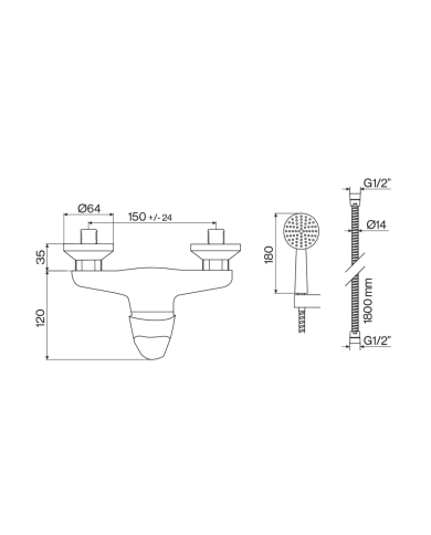 Mélangeur monocommande douche Nova Golf Cifial, design élégant, dimensions détaillées.