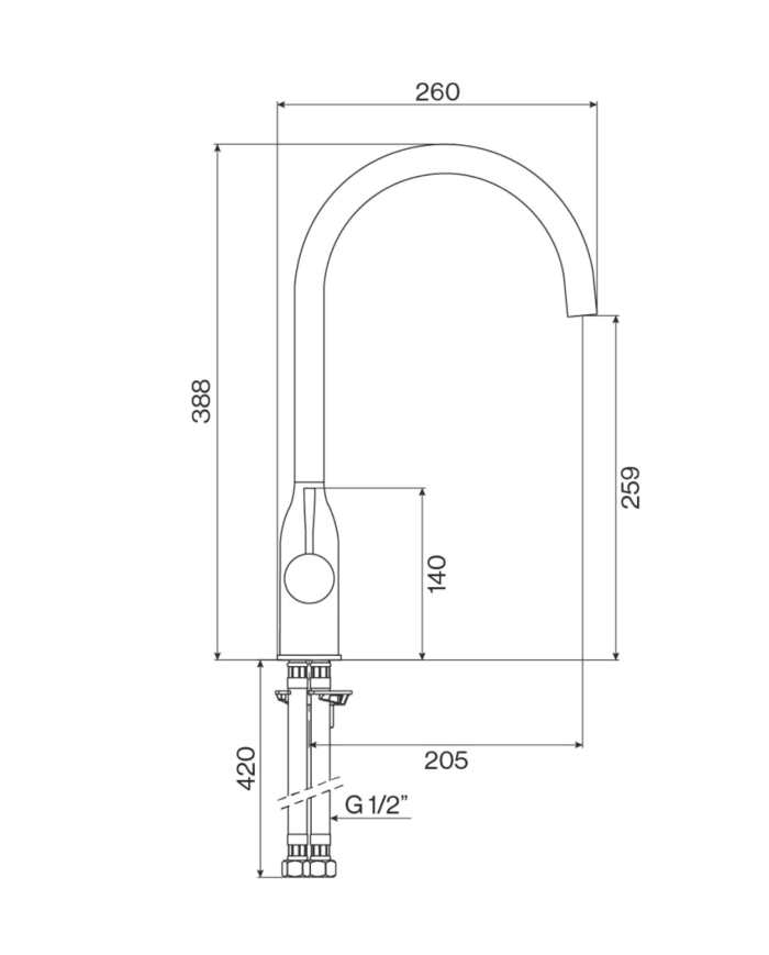 Mélangeur évier cuisine arrondi Fiol Cifial, bec incurvé, finition chromée, dimensions détaillées.