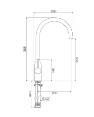 Mélangeur évier cuisine arrondi Fiol Cifial, bec incurvé, finition chromée, dimensions détaillées.