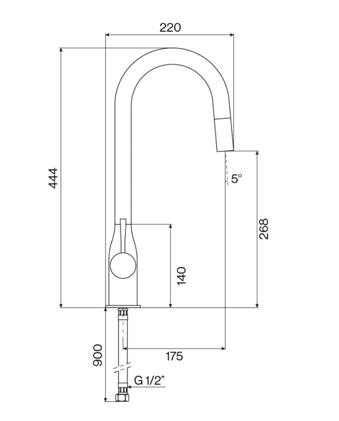 Mélangeur évier extensible Fiol Cifial, design incurvé, dimensions détaillées, finition élégante.
