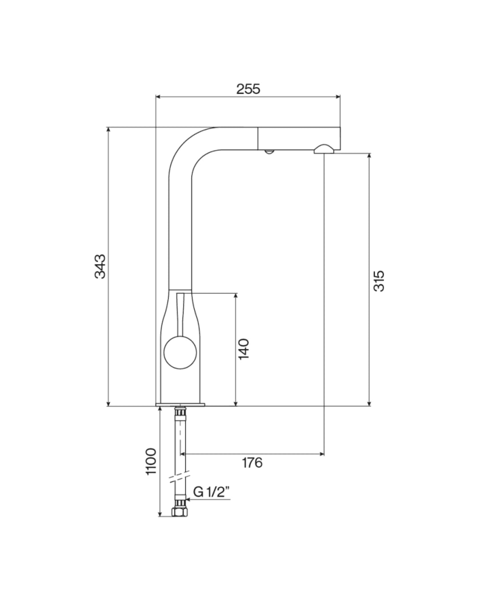 Mélangeur évier extensible cuisine Fiol par Cifial, design chrome, bec courbé, dimensions détaillées.
