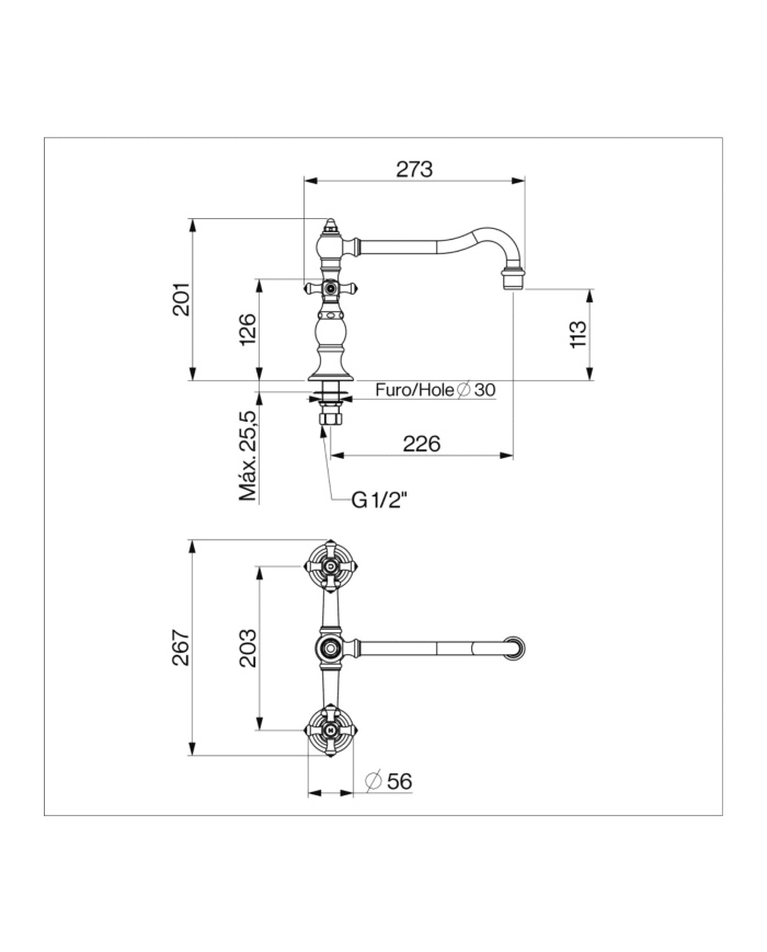 Mitigeur cuisine Edwardian Cifial, 2 trous, finition chromée, design rétro élégant.