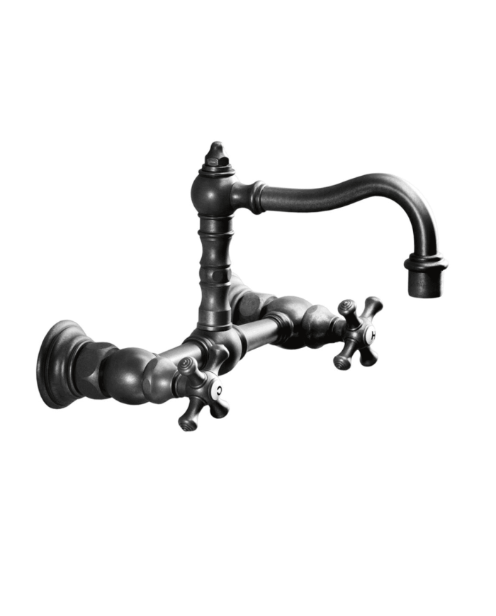 Mitigeur mural cuisine rétro Edwardian par Cifial, finition noire, poignées croisées et bec incurvé.