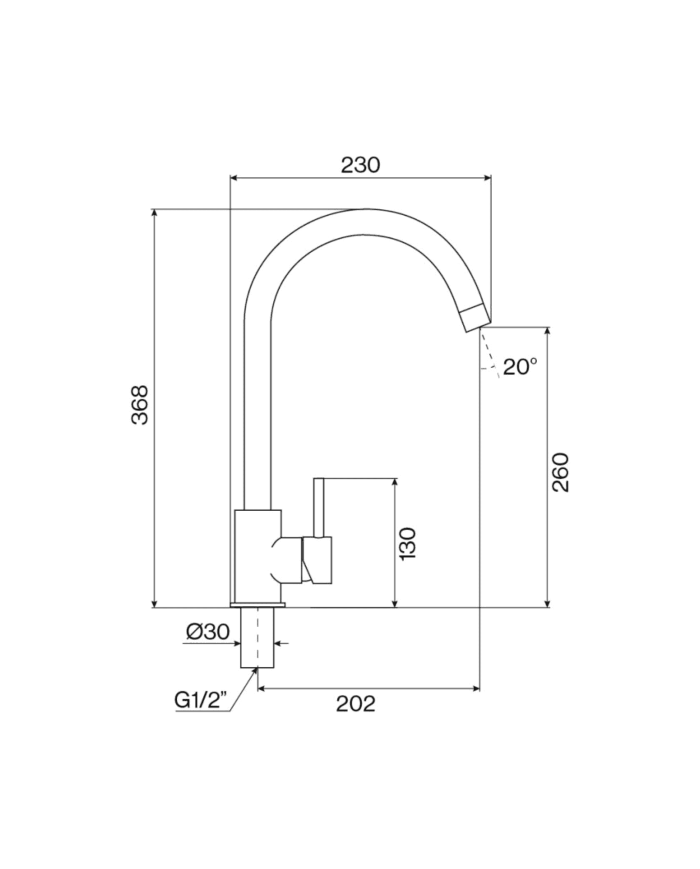 Mélangeur évier cuisine Bistrot par Cifial, design rétro, finition chromée, bec incurvé, dimensions détaillées.