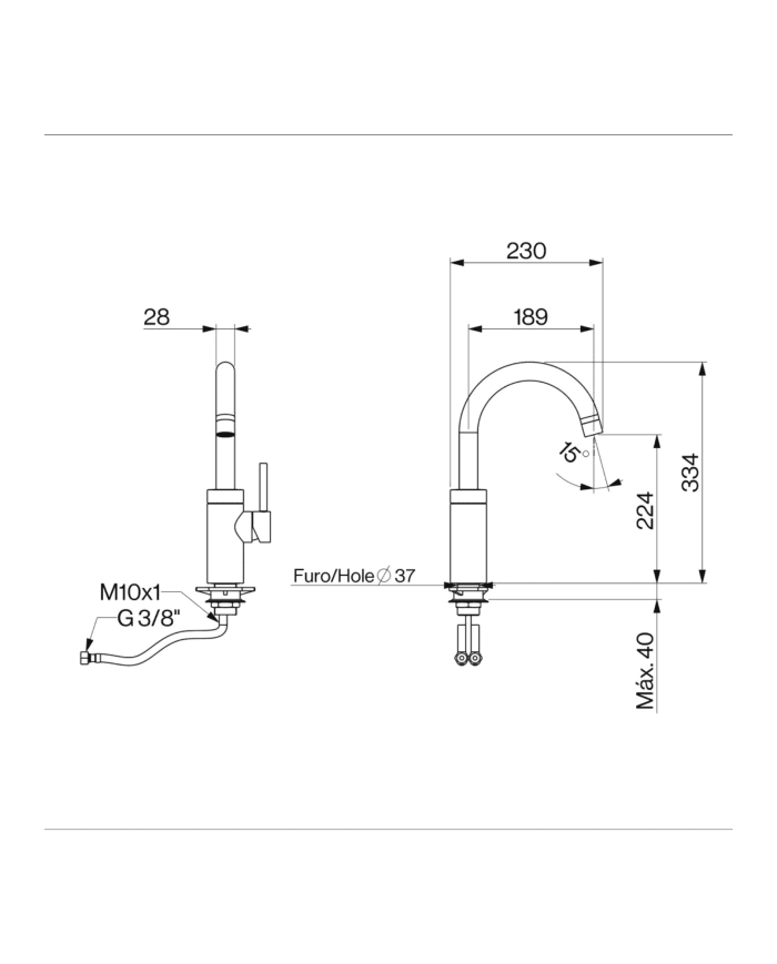 Mélangeur évier carré cuisine Techno 465 Cifial, finition chromée, dimensions détaillées.