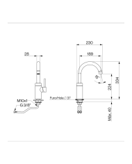 Mélangeur évier carré cuisine Techno 465 Cifial, finition chromée, dimensions détaillées.