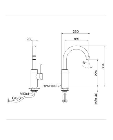 Mélangeur évier cuisine arrondie Techno 465 de Cifial, design chrome, bec incurvé, dimensions détaillées.