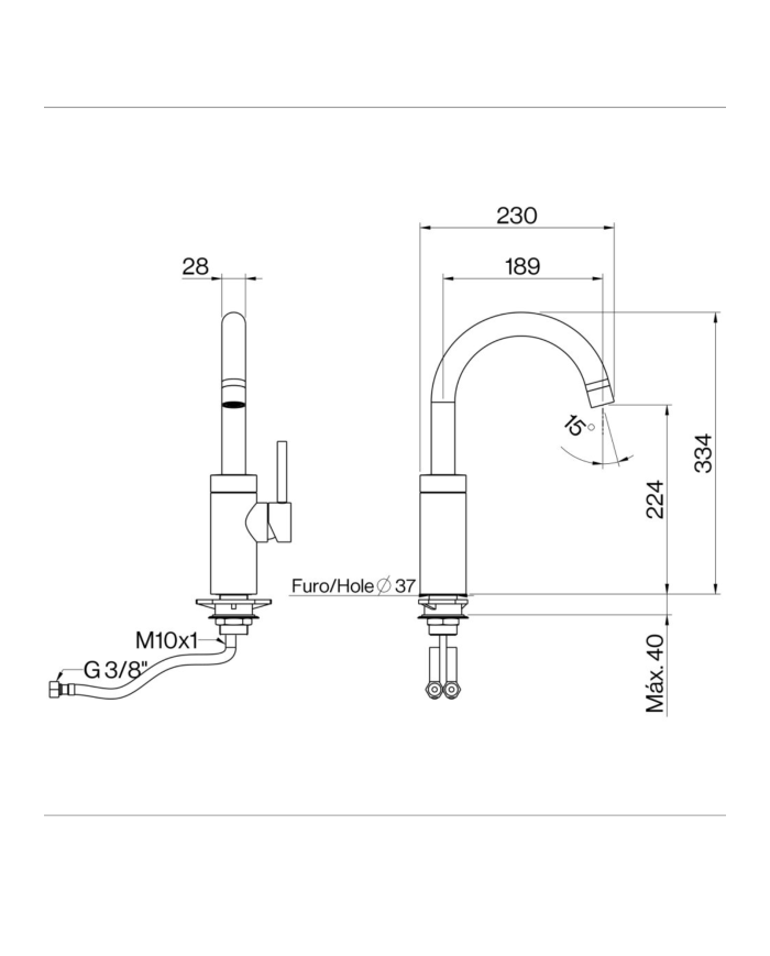 Mélangeur évier cuisine arrondie Techno 465 de Cifial, design chrome, bec incurvé, dimensions détaillées.