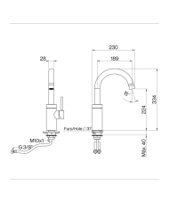 Mélangeur évier cuisine arrondie Techno 465 de Cifial, design chrome, bec incurvé, dimensions détaillées.