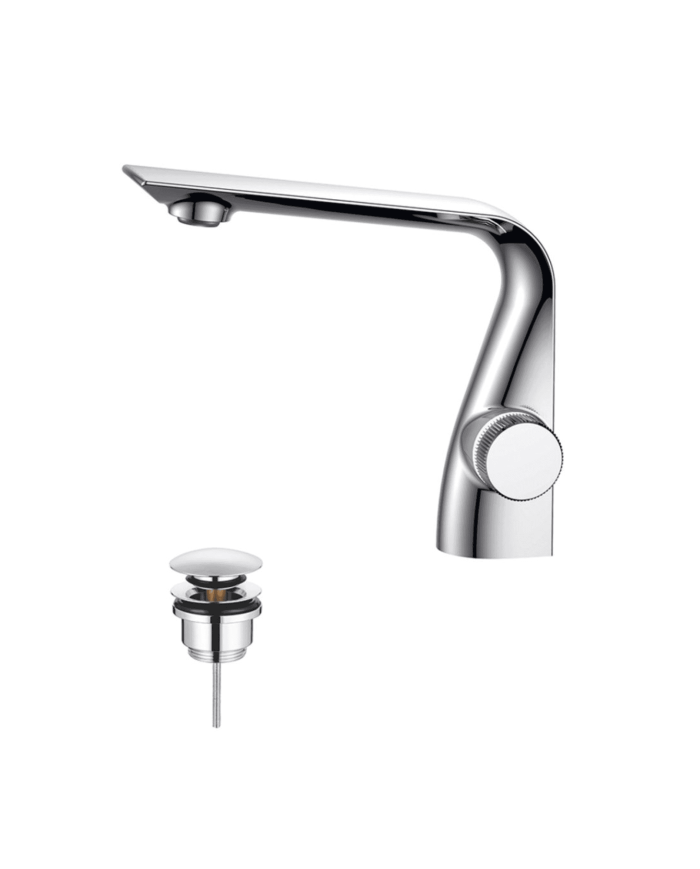 Mélangeur lavabo Evolution Cifial en finition chrome, design moderne et élégant avec bouton rotatif.