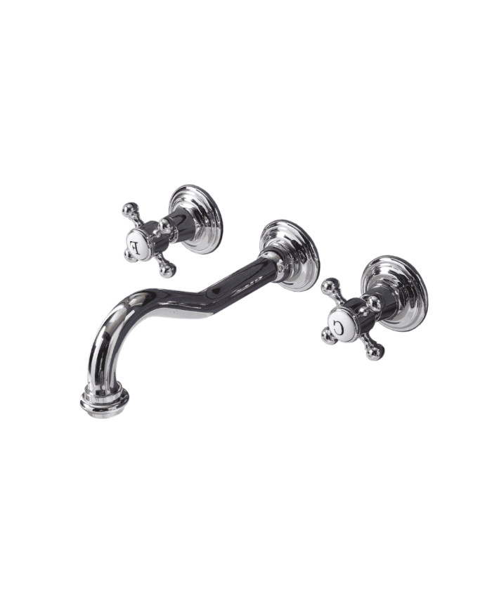 Robinet mural arrondi Bleu Provence en métal chromé, manettes en croix, design élégant et rétro.