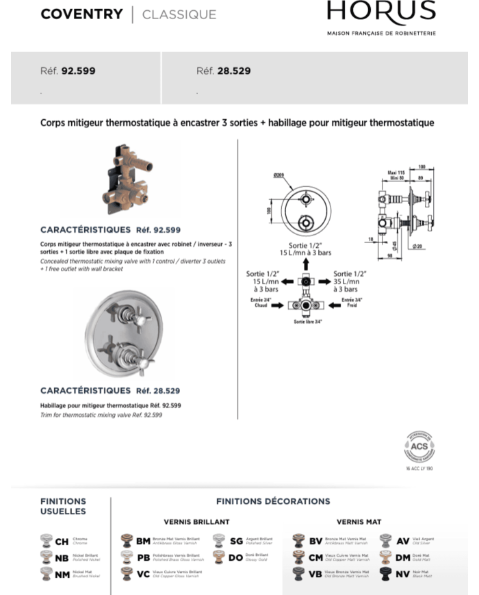 Mitigeur thermostatique 3 sorties Coventry Horus