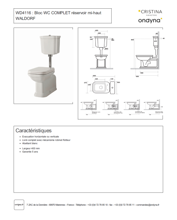 WC réservoir mi-haut Waldorf - Ondyna