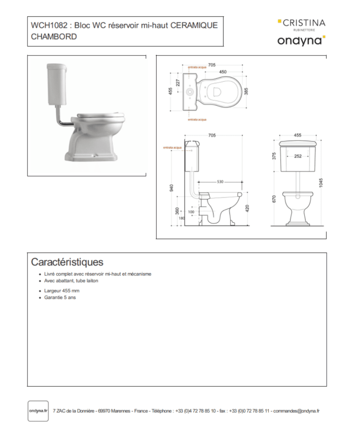 WC réservoir mi-haut Chambord - Ondyna