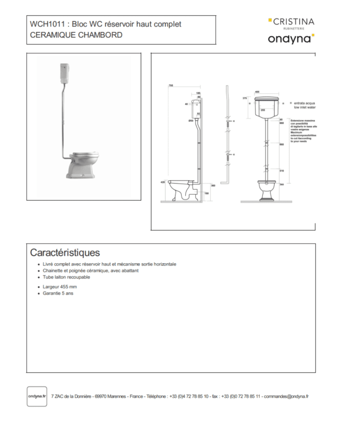 WC réservoir haut Chambord - Ondyna