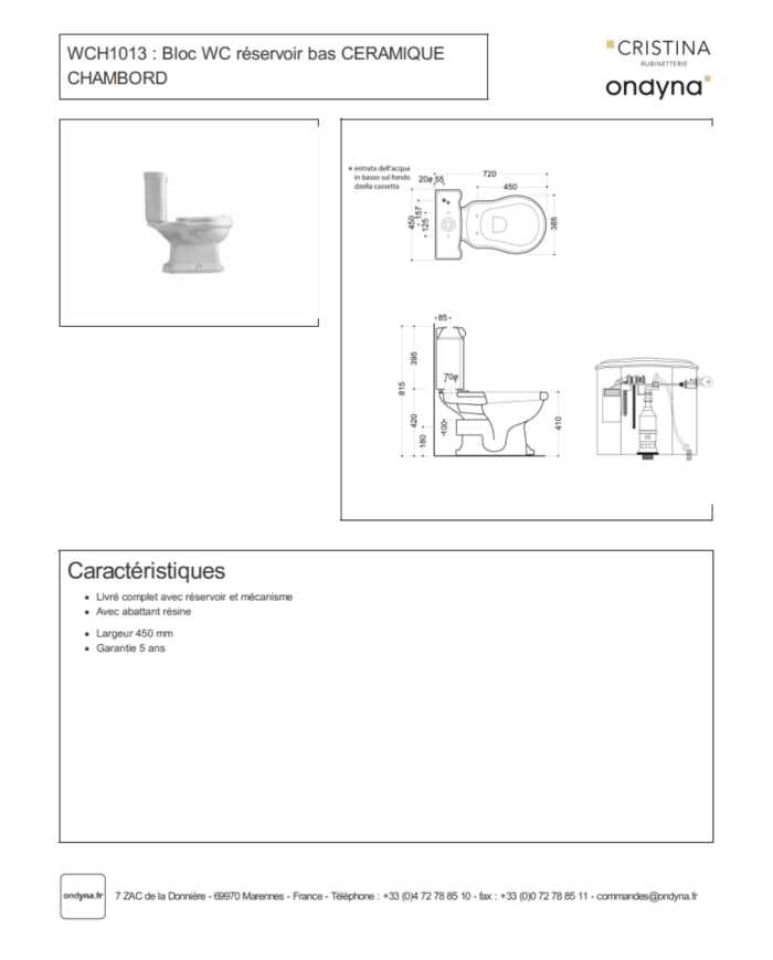 WC réservoir bas Chambord - Ondyna