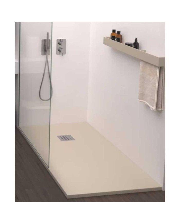 Receveur de douche LISO Doccia Group, beige, surface lisse et moderne, grille d'évacuation carrée.