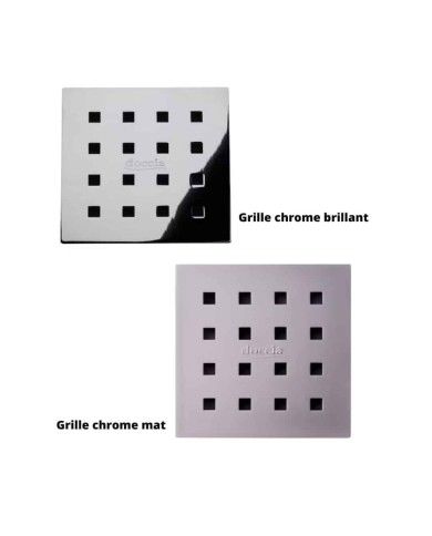 Grille de douche carrée en chrome, finition brillante ou mate, Doccia Group, perforations élégantes.