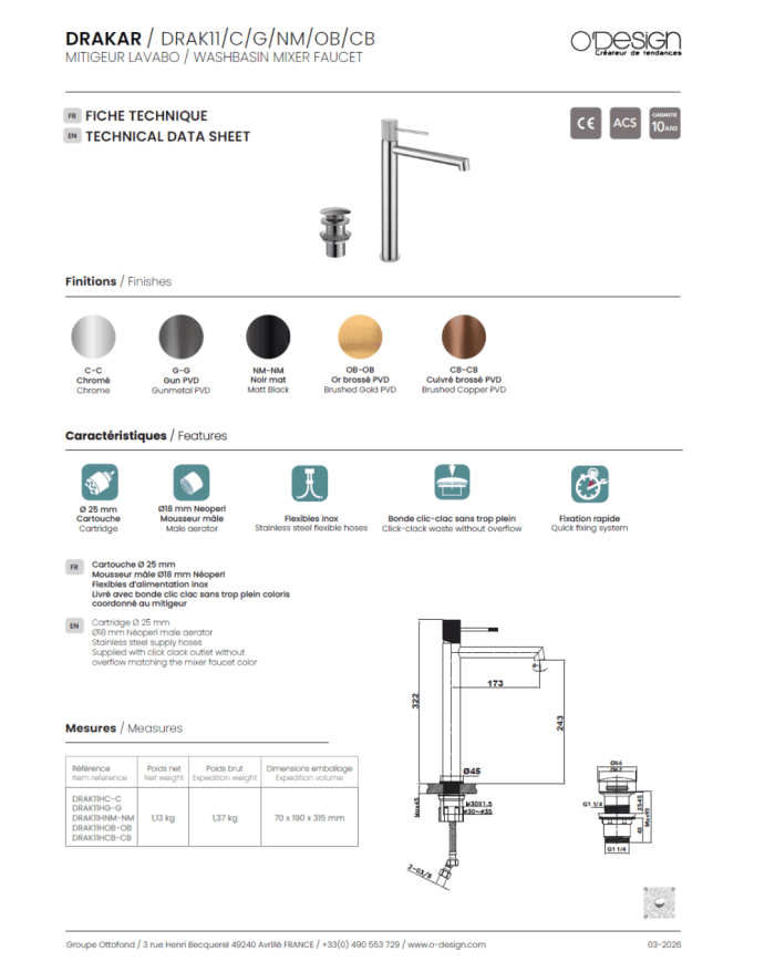 Mitigeur lavabo haut Drakar - Odesign