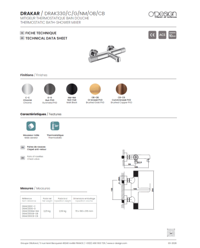 Mitigeur thermostatique bain/douche Drakar - Odesign