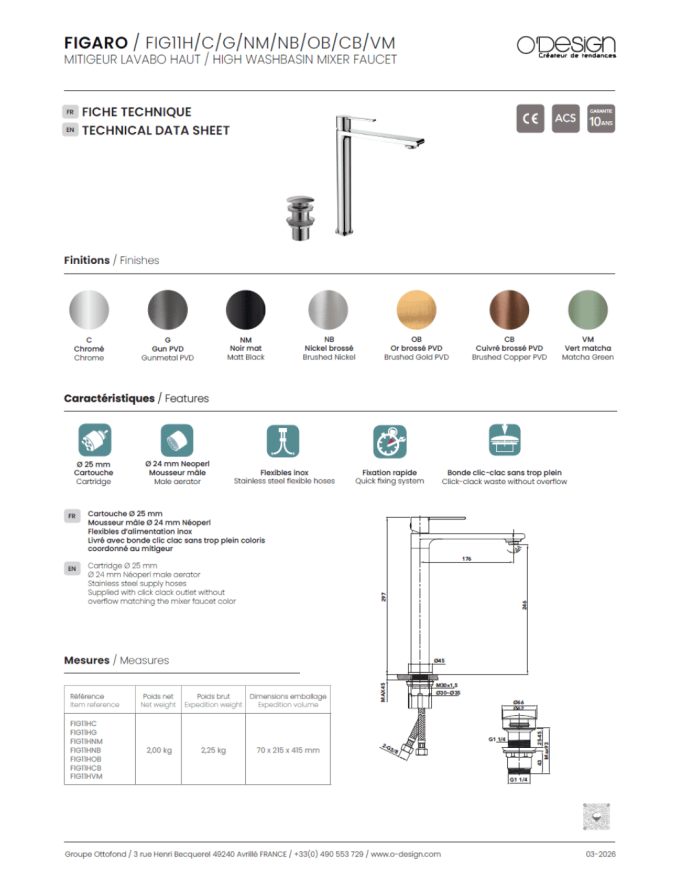 Mitigeur lavabo haut Figaro - Odesign