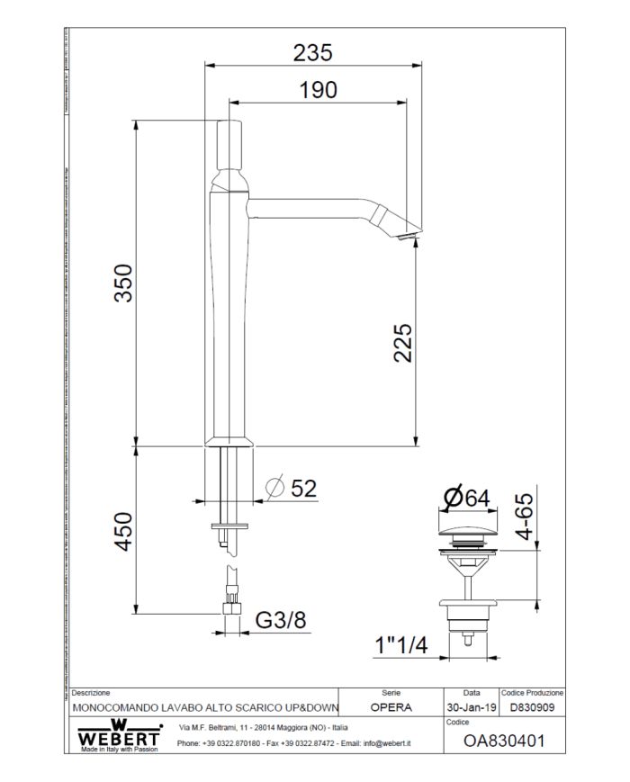 Mitigeur lavabo haut Opera - Webert