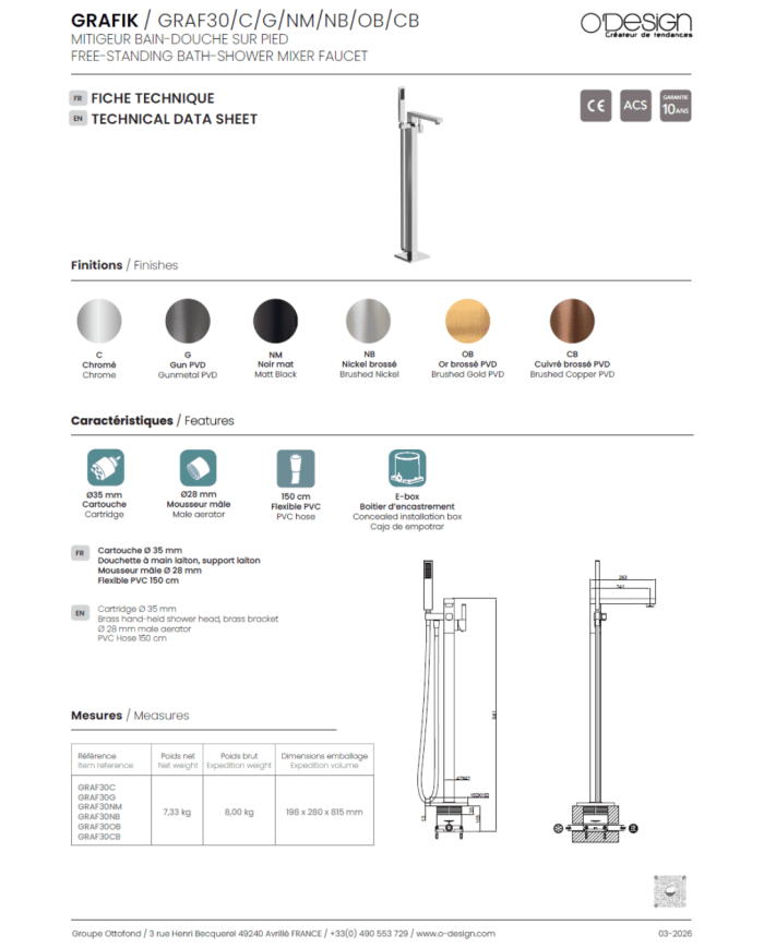 Mitigeur sur pied bain/douche Grafik - Odesign