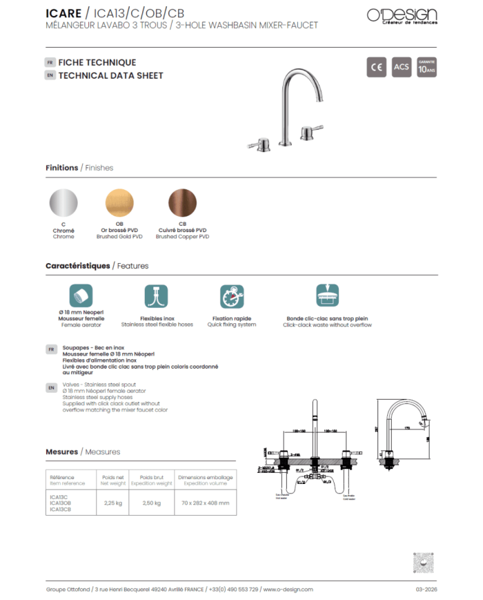 Mitigeur lavabo 3 trous Icare - Odesign