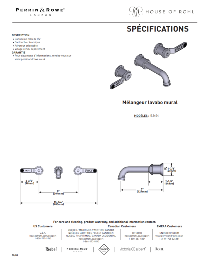 Mélangeur lavabo 3 trous mural Armstrong - Perrin & Rowe